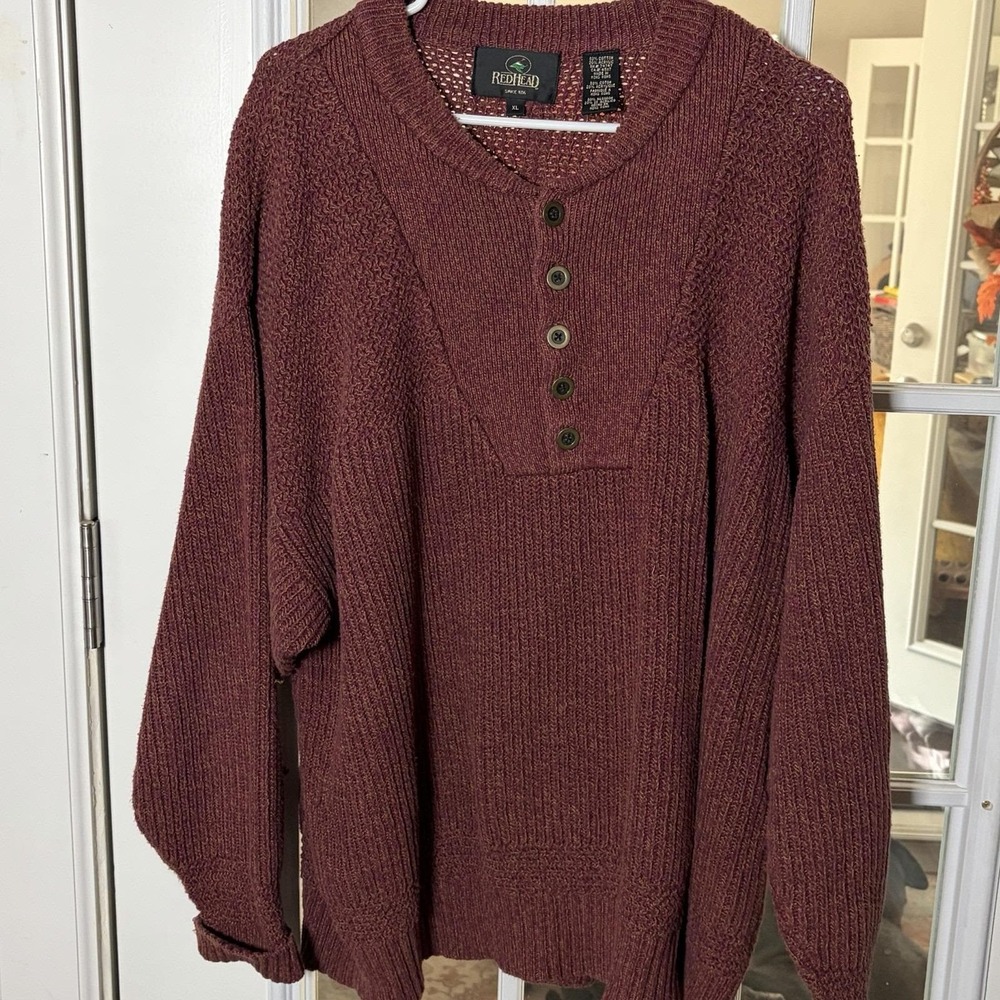 Vintage RedHead Marked Burgundy Henley Sweater XL Chunky Knit Oversized Outdoors